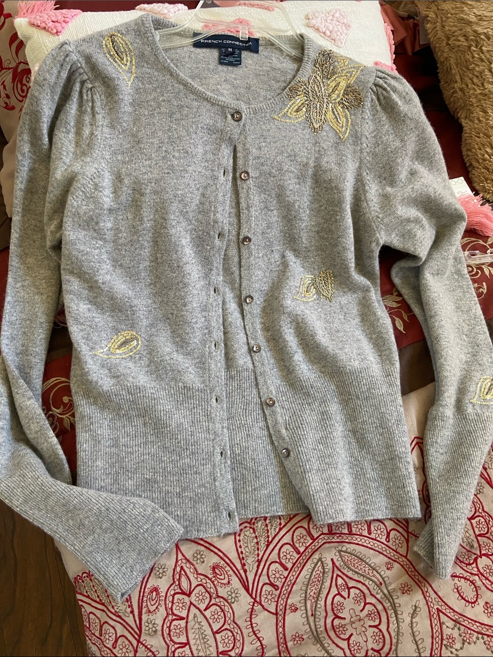 French Connection Gray Cardigan with Gold Floral Beaded Embroidery size M